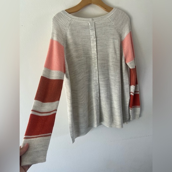 Mersea Camden Striped Traveler Knit Sweater Sea Salt & Coral Rose Back Button - Picture 12 of 13